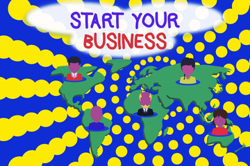 Word writing text Start Your Business. Business photo showcasing going into a New Venture Create New Product Services Connection multiethnic persons all over world. Global business earth map