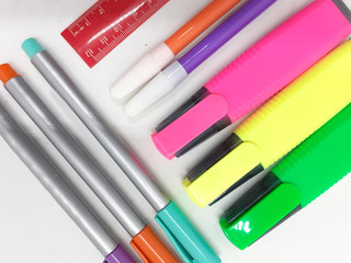 Beautiful Artistic Colorful Permanent Color Marker Tools as for Office Supplies and Children School to Highlight Text and Image of Documents Text in White Isolated Background