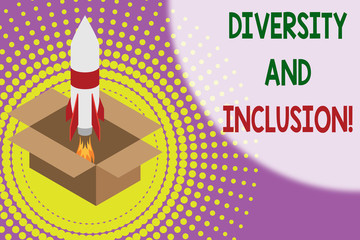 Text sign showing Diversity And Inclusion. Business photo showcasing range huanalysis difference includes race ethnicity gender Fire launching rocket carton box. Starting up project. Fuel inspiration