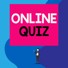 Text sign showing Online Quiz. Business photo showcasing game or a mind sport that are published on the Internet Isolated view young man standing pointing upwards two hands big rectangle