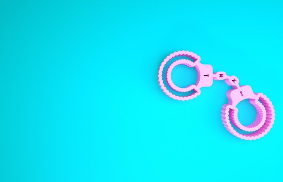 Pink Sexy fluffy handcuffs icon isolated on blue background. Handcuffs with fur. Fetish accessory. Sex shop stuff for sadist and masochist. Minimalism concept. 3d illustration 3D render