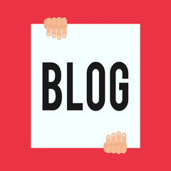 Word writing text Blog. Business photo showcasing regularly updated website web page run by individual Two hands hold one big empty blank white paper placed on top and bottom