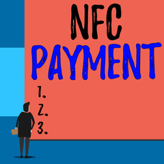 Text sign showing Nfc Payment. Business photo showcasing contactless payment that use nearfield communication technology Back view young woman watching blank big rectangle. Geometrical background