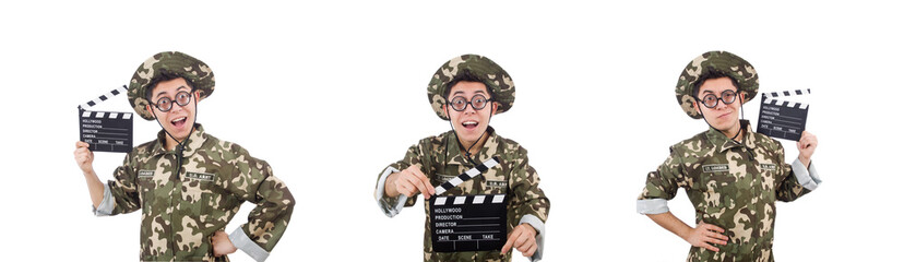 Funny soldier with movie board isolated on the white