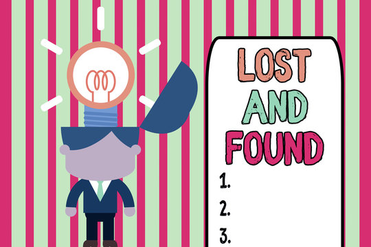 Writing note showing Lost And Found. Business concept for Place where you can find forgotten things Search service Standing successful man suit necktie surging innovative solutions