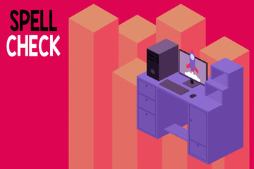 Conceptual hand writing showing Spell Check. Concept meaning to use a computer program to find and correct spelling errors Desktop station drawers personal computer launching rocket