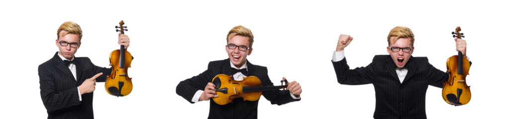 Young musician with violin isolated on white