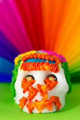 Traditional day of the dead skull made of sugar in colored background