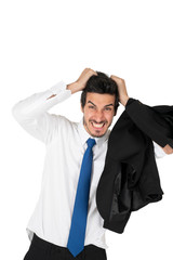 Studio shot of mature stressed businessman isolated on white background, stress concept