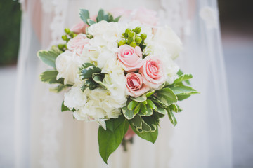 Stunning Bridal Bouquet with Wedding Dress and Veil