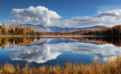 Obraz premium Picturesque lake in the mountains of Altai. Autumn day. Beautiful sky reflection with clouds in the water.