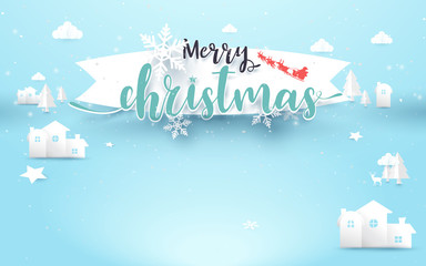 Fototapeta na wymiar Christmas Calligraphy banner. Winter landscape town on soft blue background