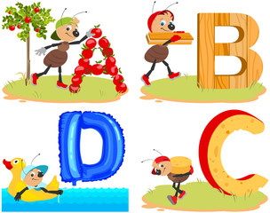 English ABC alphabet for children. Insect ant and letters. Apple, board, cheese, duck