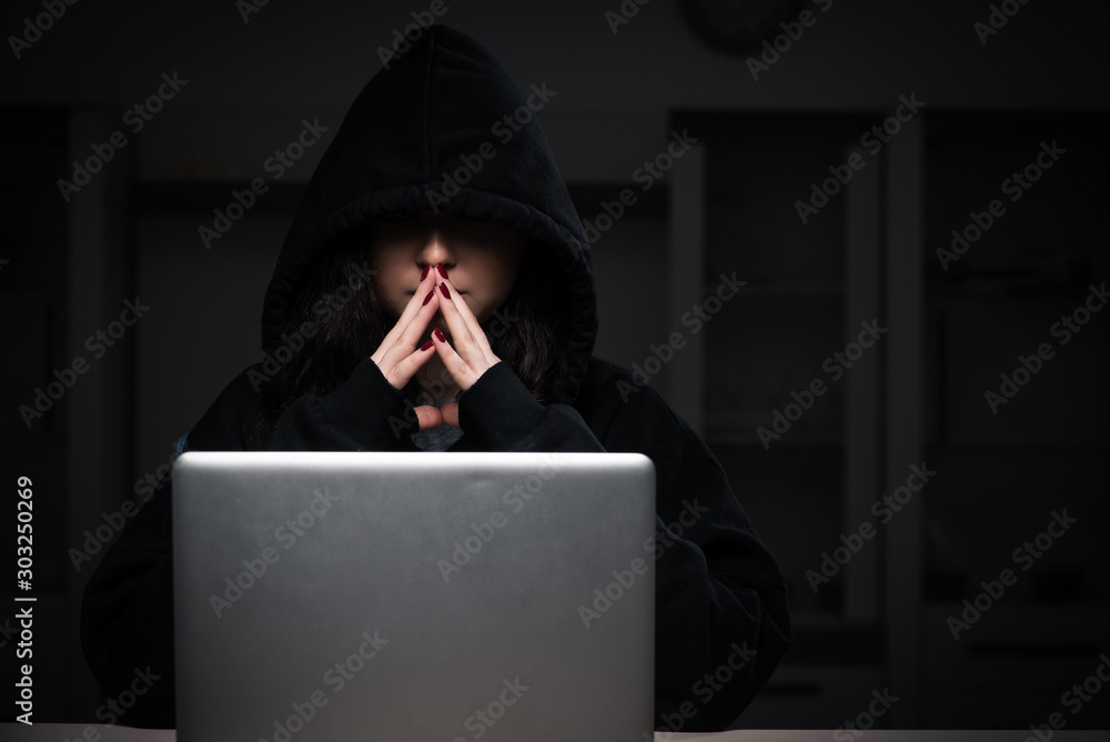 Poster female hacker hacking security firewall late in office