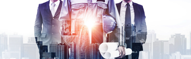Future building construction engineering project concept with double exposure graphic design....