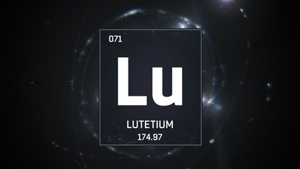 3D illustration of Lutetium as Element 71 of the Periodic Table. Silver illuminated atom design background with orbiting electrons. Design shows name, atomic weight and element number