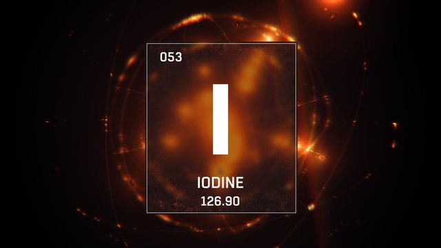 3D illustration of Iodine as Element 53 of the Periodic Table. Orange illuminated atom design background with orbiting electrons. Design shows name, atomic weight and element number