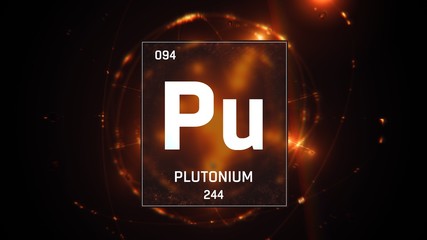3D illustration of Plutonium as Element 94 of the Periodic Table. Orange illuminated atom design background with orbiting electrons. Design shows name, atomic weight and element number © remotevfx