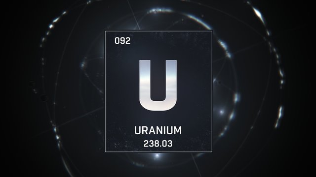 3D illustration of Uranium as Element 92 of the Periodic Table. Silver illuminated atom design background with orbiting electrons. Design shows name, atomic weight and element number