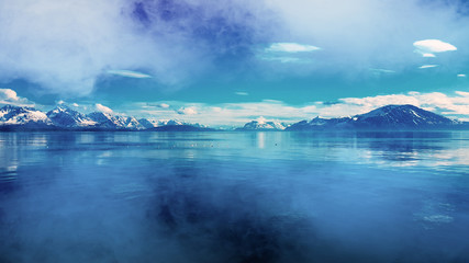 nebeliger arktischer Fjord 