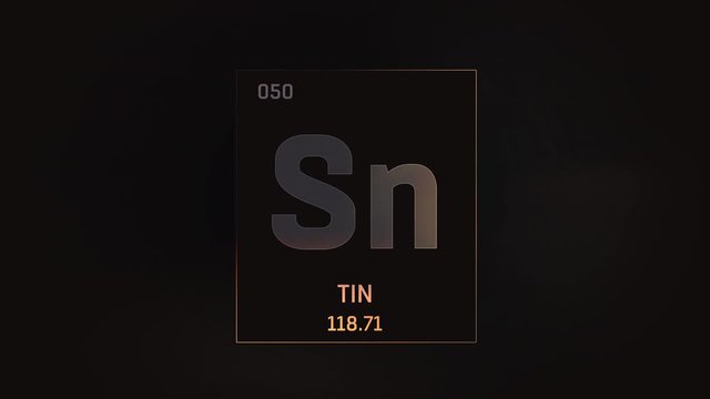 Tin as Element 50 of the Periodic Table. Seamlessly looping 3D animation on grey illuminated atom design background with orbiting electrons. Design shows name, atomic weight and element number