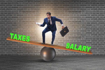 Businessman balancing between taxes and salary