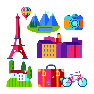 set of flat style vector european travel icons