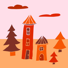 Two multi-colored flat curves of the old house stands among the trees-naive children's illustration