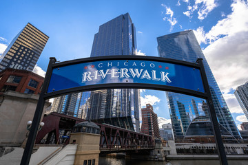 Fototapeta premium The landmark Chicago riverwalk label over cityscape river side,United states of America, USA downtown skyline, Architecture and building with tourist concept