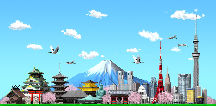 Japanese image and cherry blossom and Mt. Fuji created by 3d rendering