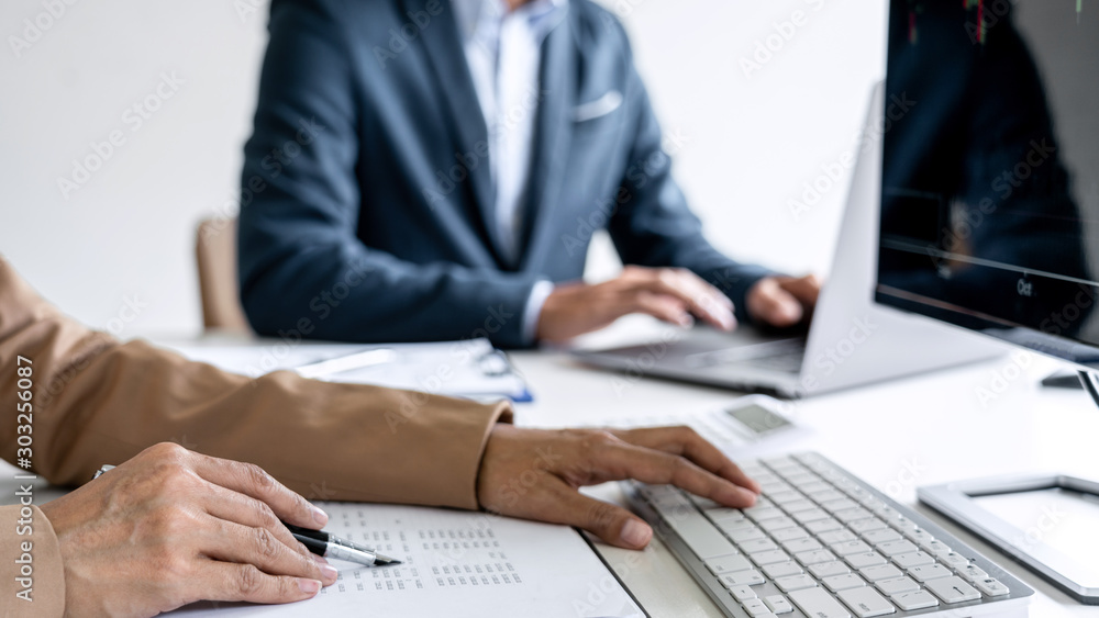 Poster business team partner working with computer, laptop, discussion and analyzing graph stock market tra