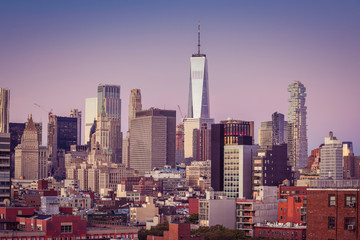 Fototapeta premium Lower Manhattan skyscrapers at sunrise. New York City
