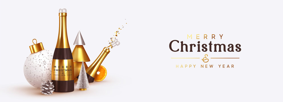 Christmas banner. Xmas Background realistic design objects, explosion cork from bottle champagne wine, 3d render metal conical golden tree, Horizontal border poster, header for website, greeting card.