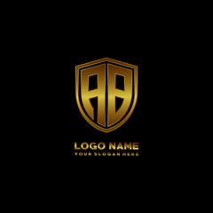 Initial letters AB shield shape gold monogram logo. Shield Secure Safe logo design inspiration