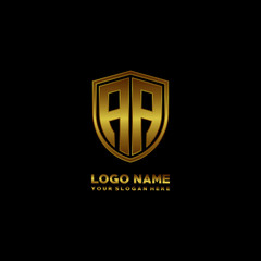 Initial letters AA shield shape gold monogram logo. Shield Secure Safe logo design inspiration
