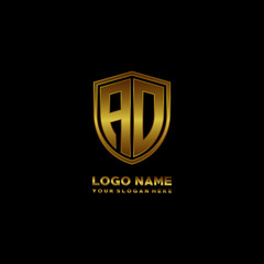 Initial letters AD shield shape gold monogram logo. Shield Secure Safe logo design inspiration