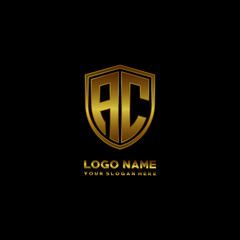 Initial letters AC shield shape gold monogram logo. Shield Secure Safe logo design inspiration