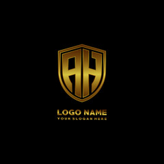 Initial letters AH shield shape gold monogram logo. Shield Secure Safe logo design inspiration