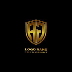 Initial letters AJ shield shape gold monogram logo. Shield Secure Safe logo design inspiration