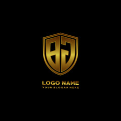 Initial letters BJ shield shape gold monogram logo. Shield Secure Safe logo design inspiration