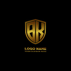 Initial letters BK shield shape gold monogram logo. Shield Secure Safe logo design inspiration