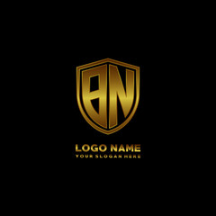 Initial letters BN shield shape gold monogram logo. Shield Secure Safe logo design inspiration