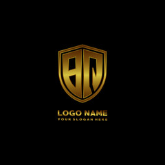 Initial letters BQ shield shape gold monogram logo. Shield Secure Safe logo design inspiration