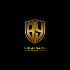 Initial letters BY shield shape gold monogram logo. Shield Secure Safe logo design inspiration