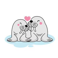 Couple Seal animal cartoon character in love.