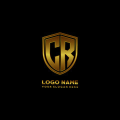 Initial letters CR shield shape gold monogram logo. Shield Secure Safe logo design inspiration