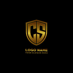 Initial letters CS shield shape gold monogram logo. Shield Secure Safe logo design inspiration
