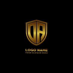 Initial letters DA shield shape gold monogram logo. Shield Secure Safe logo design inspiration