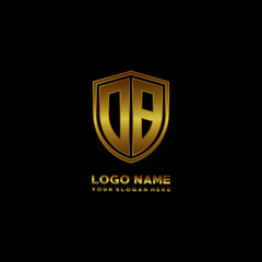 Initial letters DB shield shape gold monogram logo. Shield Secure Safe logo design inspiration