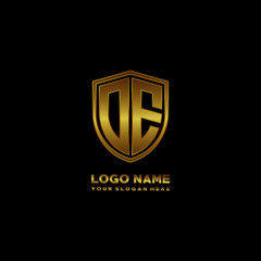 Initial letters DE shield shape gold monogram logo. Shield Secure Safe logo design inspiration